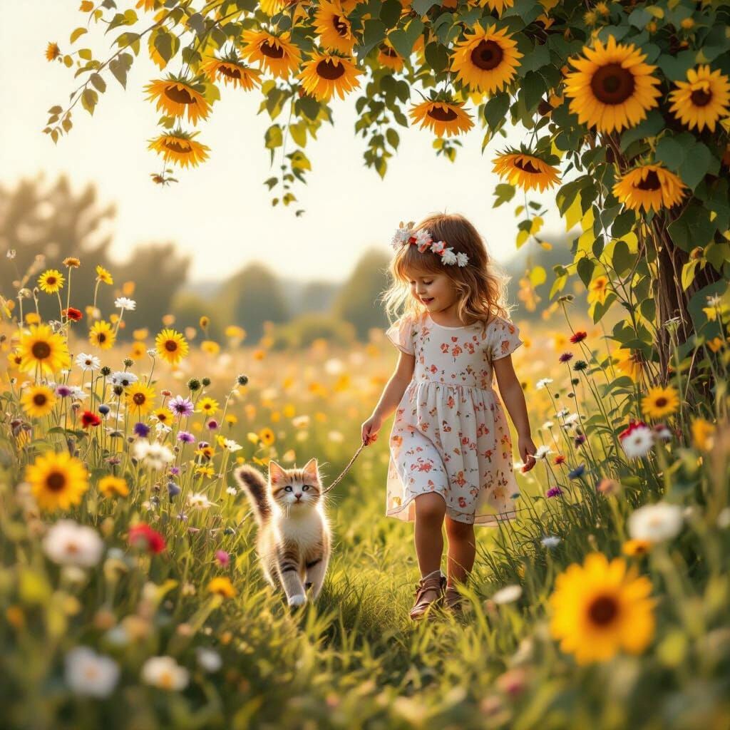 Girl and Kitten Stroll Through Wildflower Meadow
