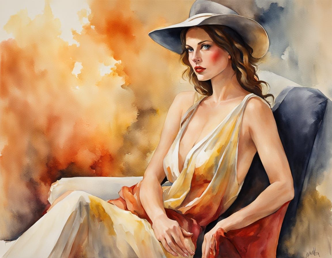 Provocative Woman Seated on Watercolor Background