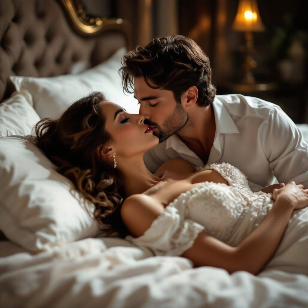 Intimate Moment: Man Kisses Woman on Luxurious Bed