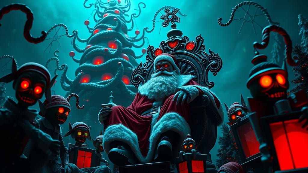 Eerie Dark Fantasy Christmas Scene in Cyberpunk Illustration...