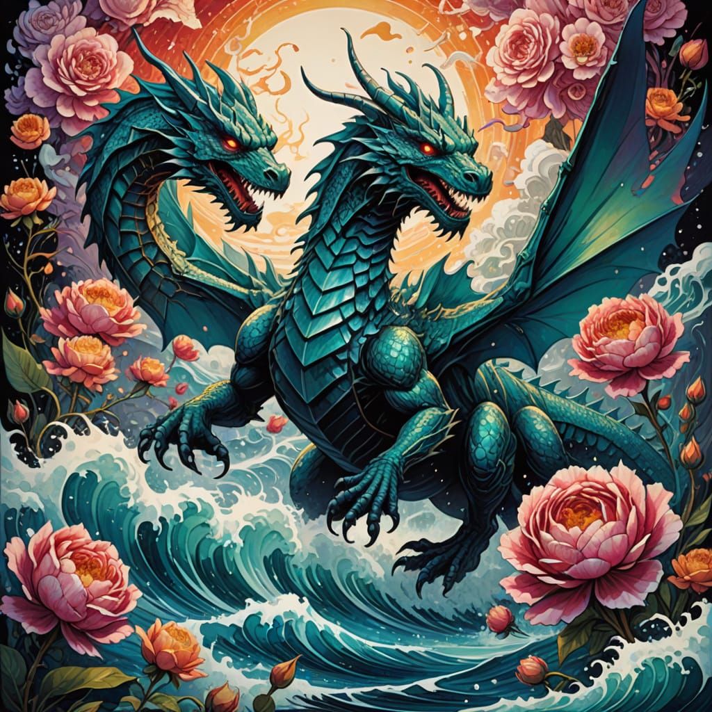 Giant Paper Dragons Dance in Mixed Media Illustration