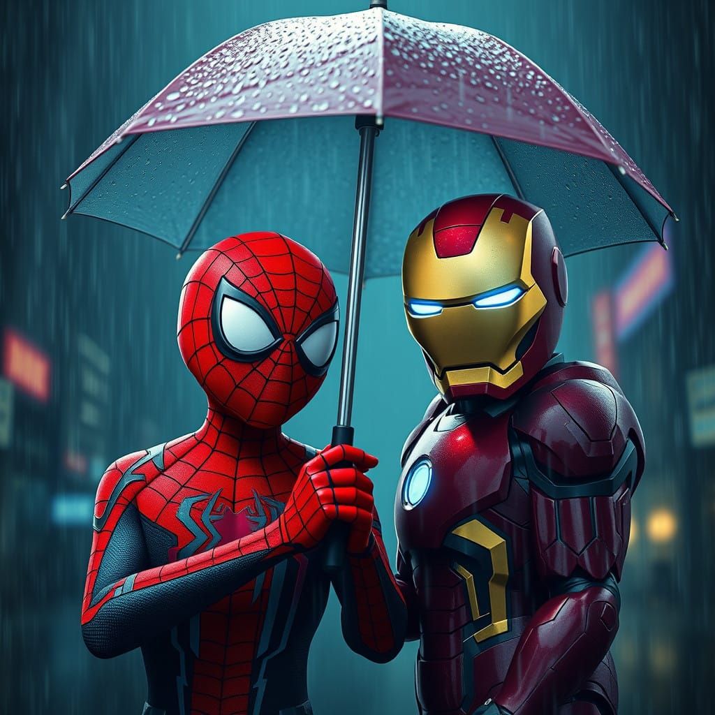 Cinematic Comic Book Heroes in Moody Rainy Scene