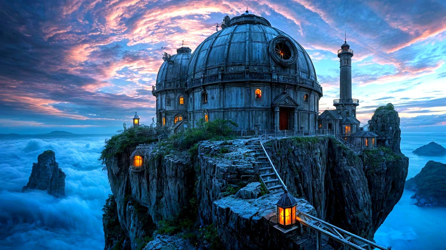 Supervillain Observatory on Jagged Cliff Overlooking Stormy ...