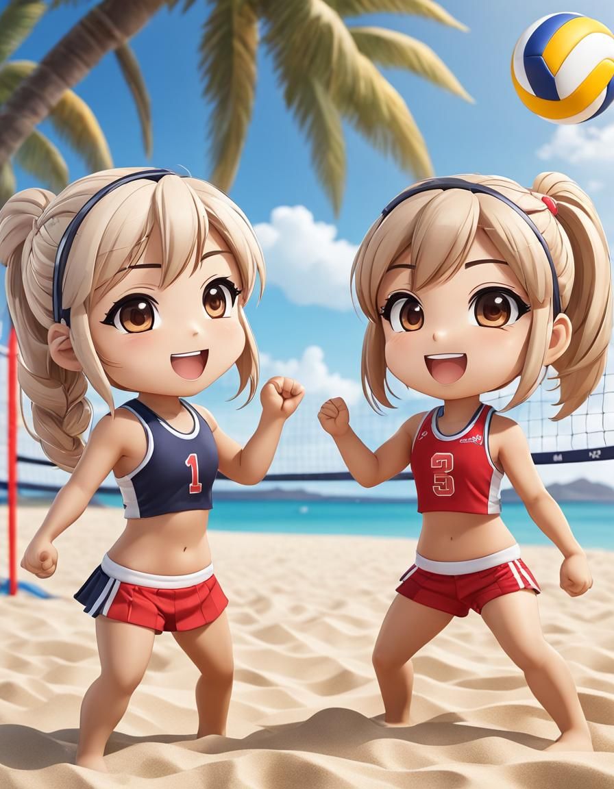 Chibi Kids High Five on Beach in Anime Style