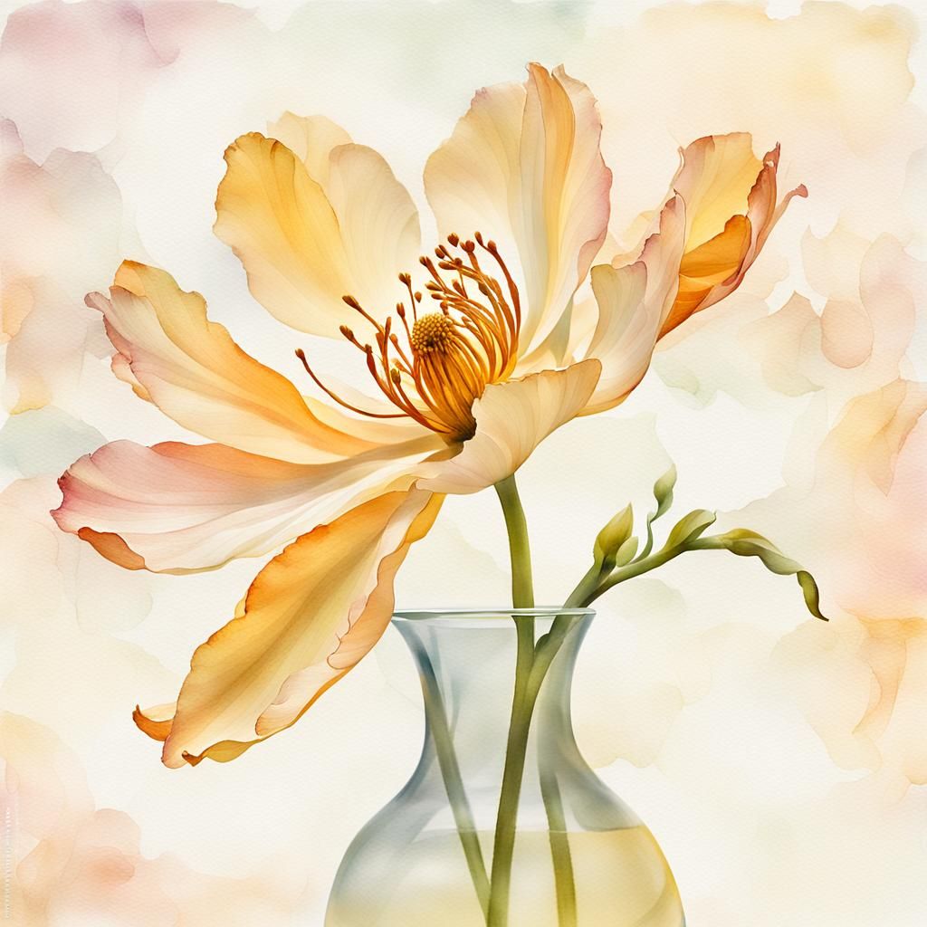 Abstract Expressionist Flower in Vase, Watercolor Style