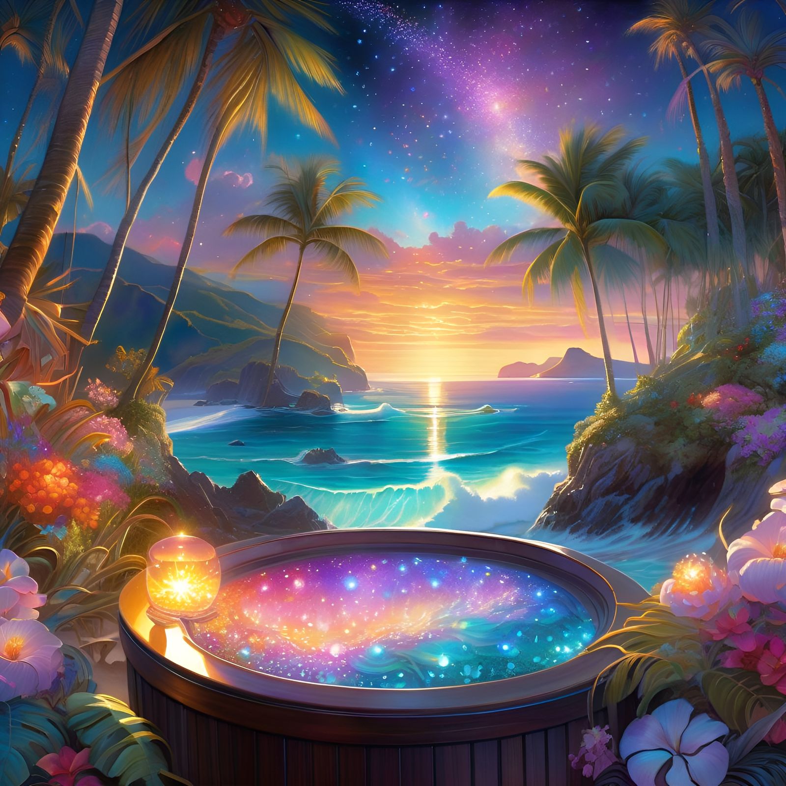 Magical Beachside Hot Tub in Watercolor Style