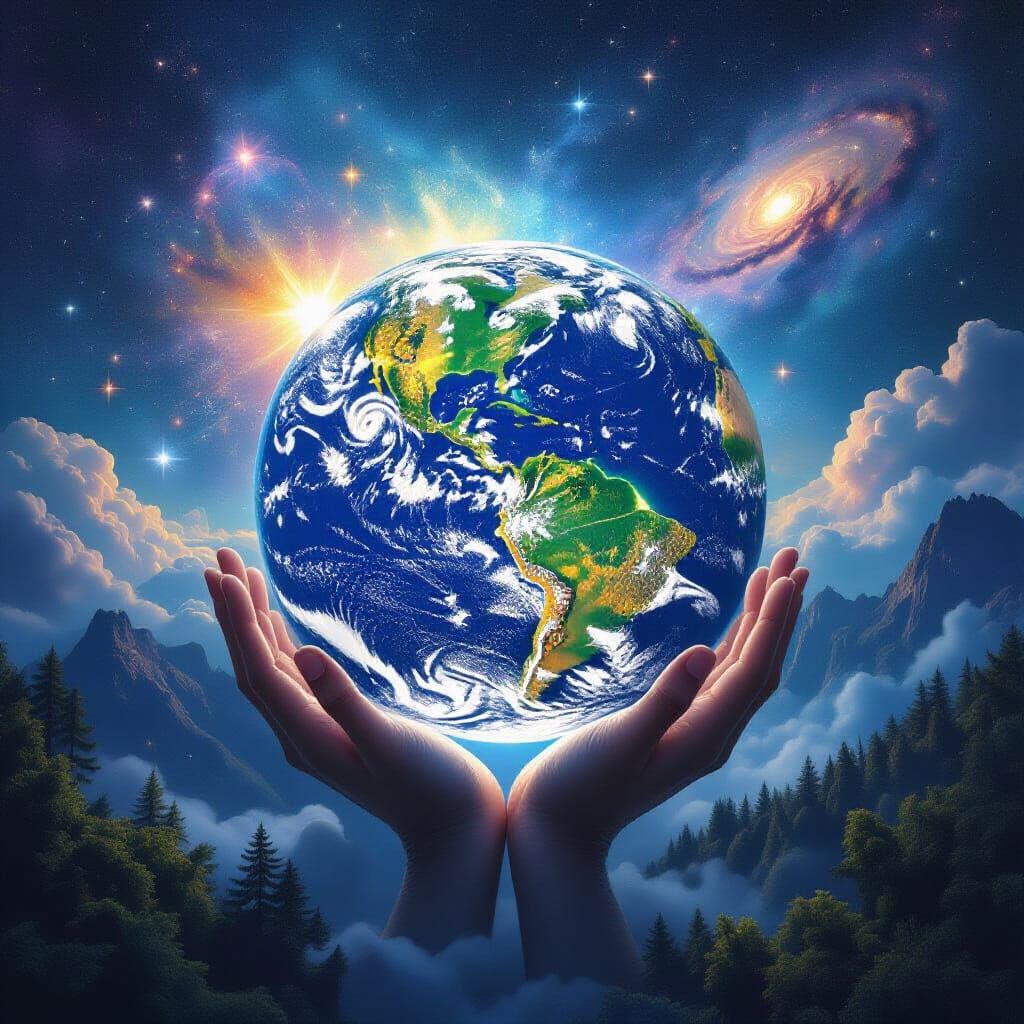 envision a surreal dreamscape where the Earth is a giant, sleeping being, cradled in the hands of a cosmic entity. The E...