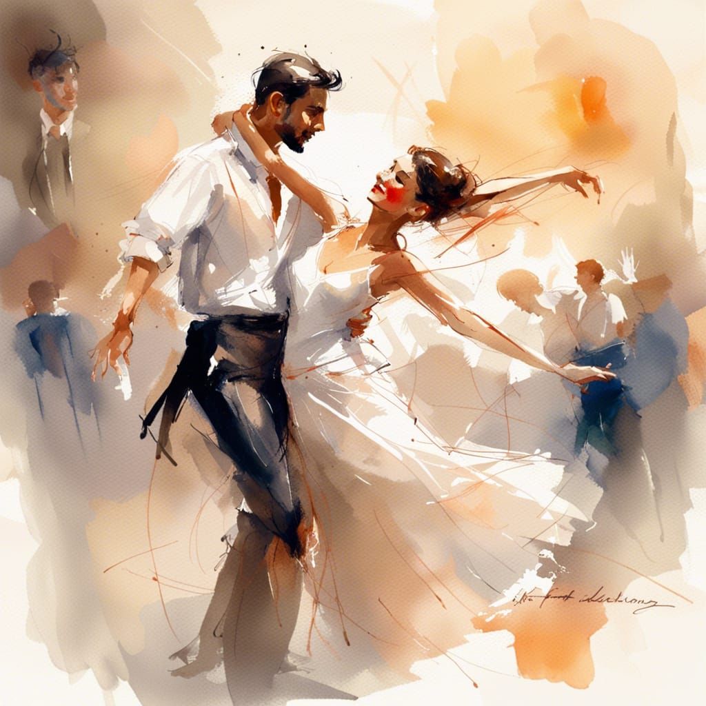 Passionate Tarantella Dance in Watercolor Digital Sketch