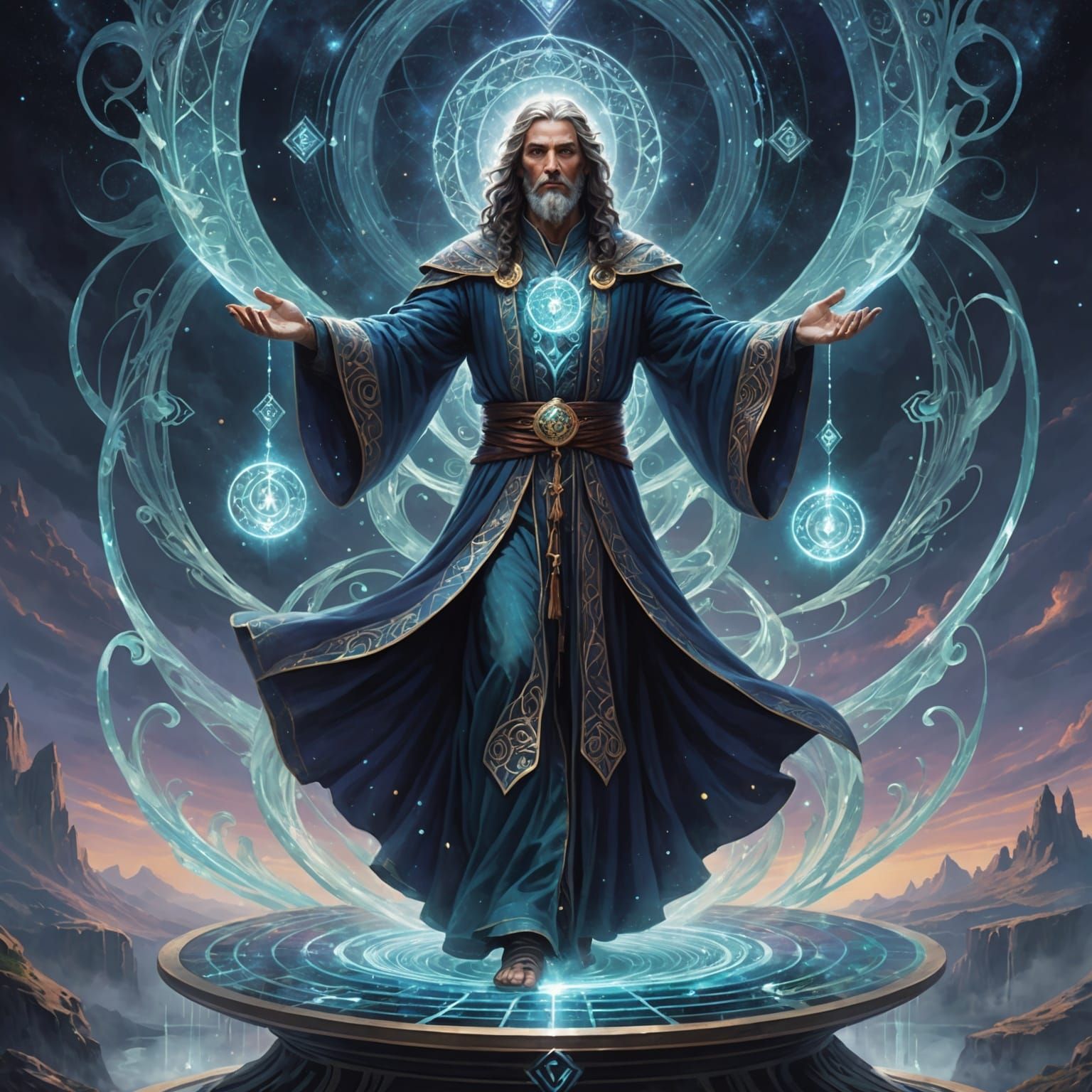 A enigmatic mage with flowing, iridescent robes stands atop a floating crystalline platform in an ethereal void. Their h...