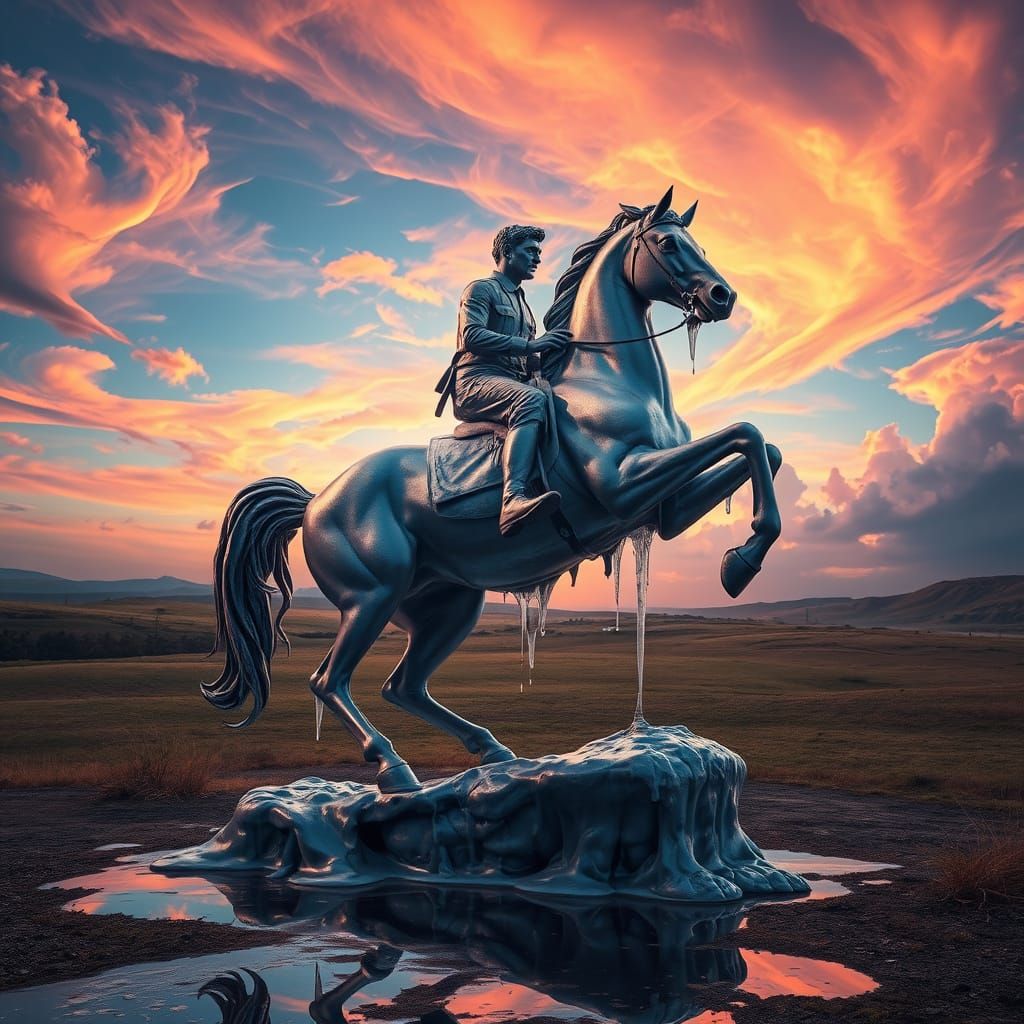 Melting Equestrian Statue in Surreal Dreamscape