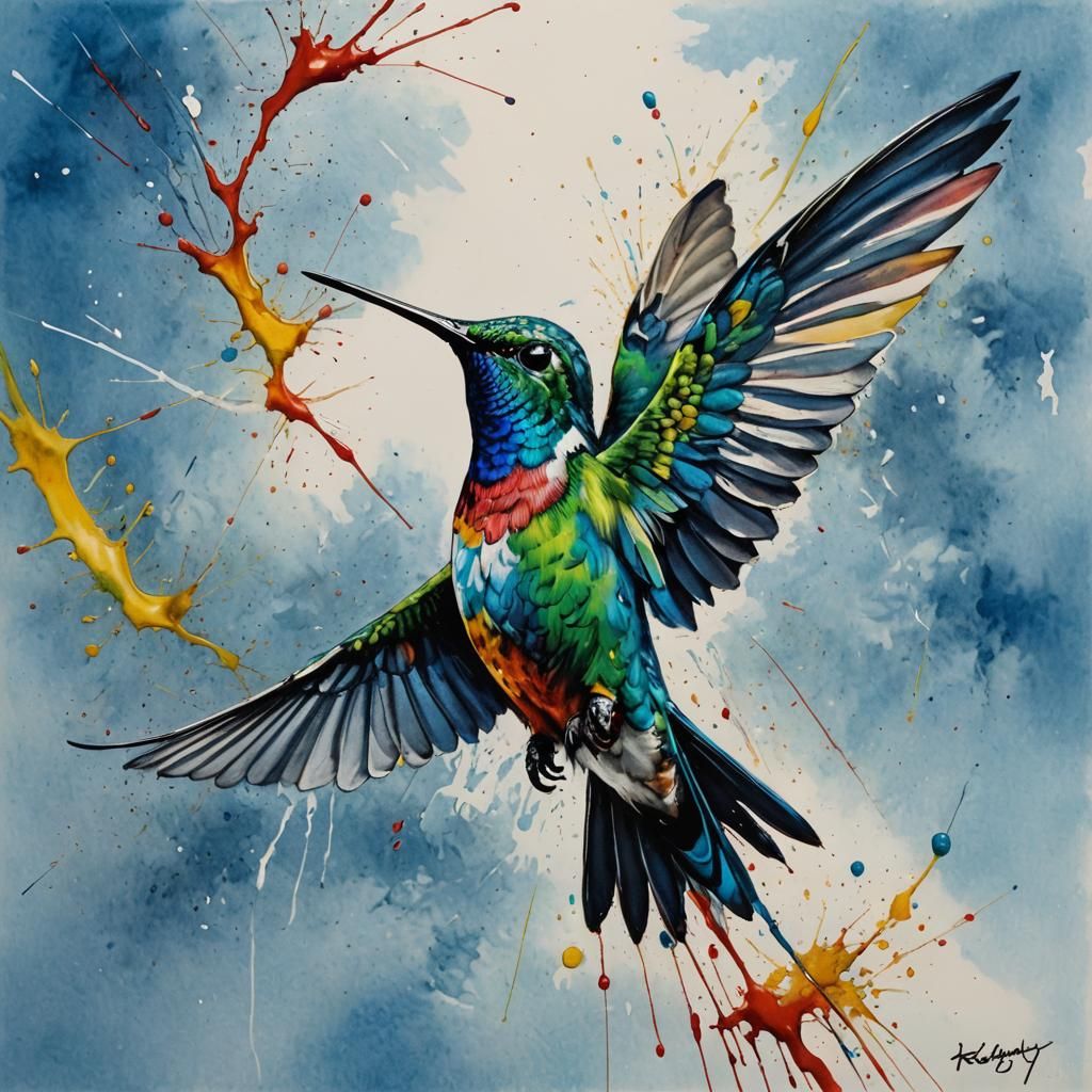 Hummingbird Flight: Pen, Ink, and Watercolor Splash
