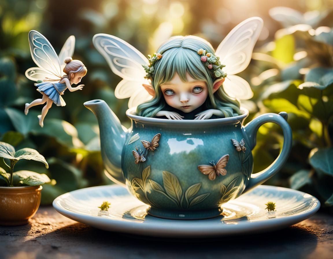 Fairy Hiding Under Teapot in Whimsical Garden