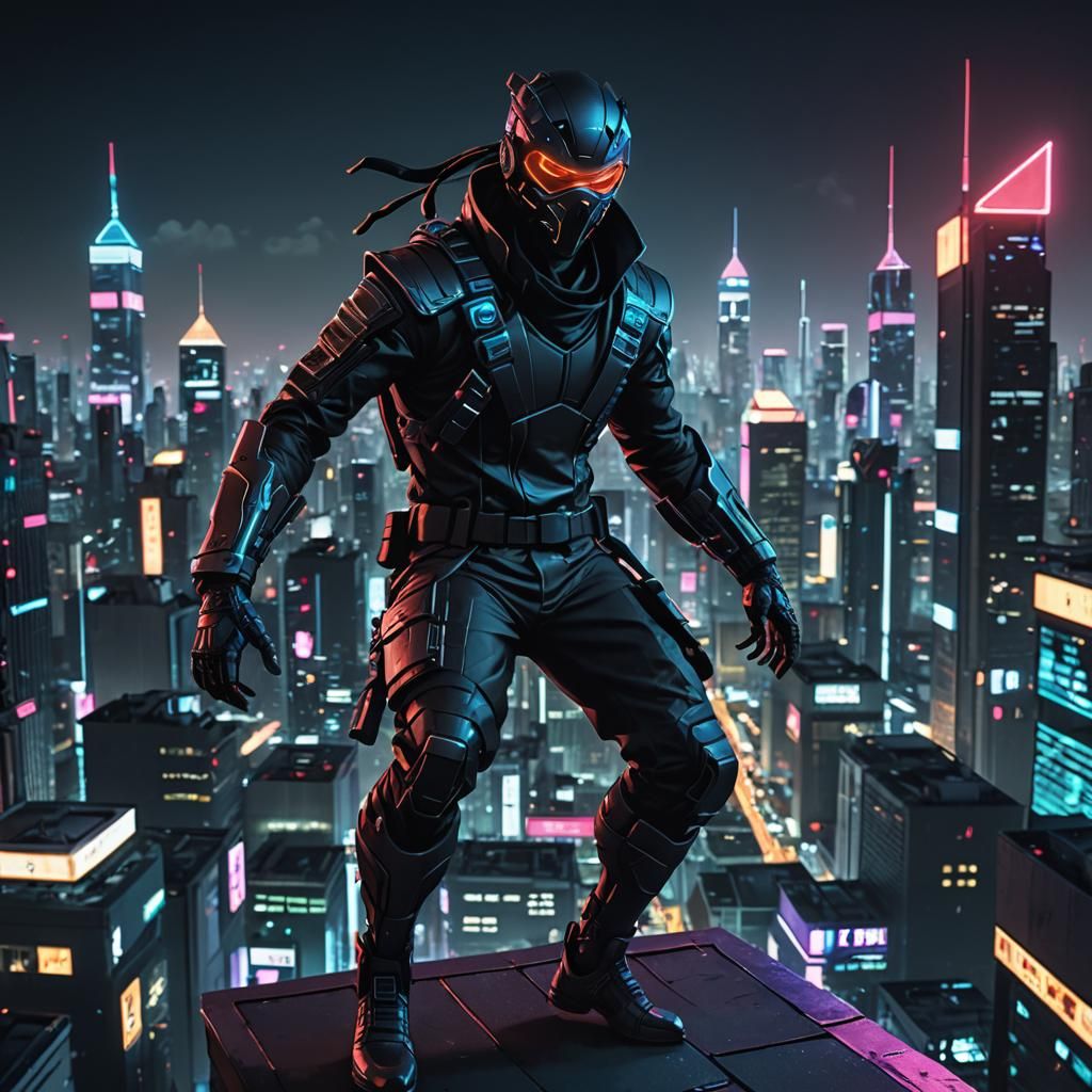 Futuristic Cyberpunk Ninja on Rooftop at Night