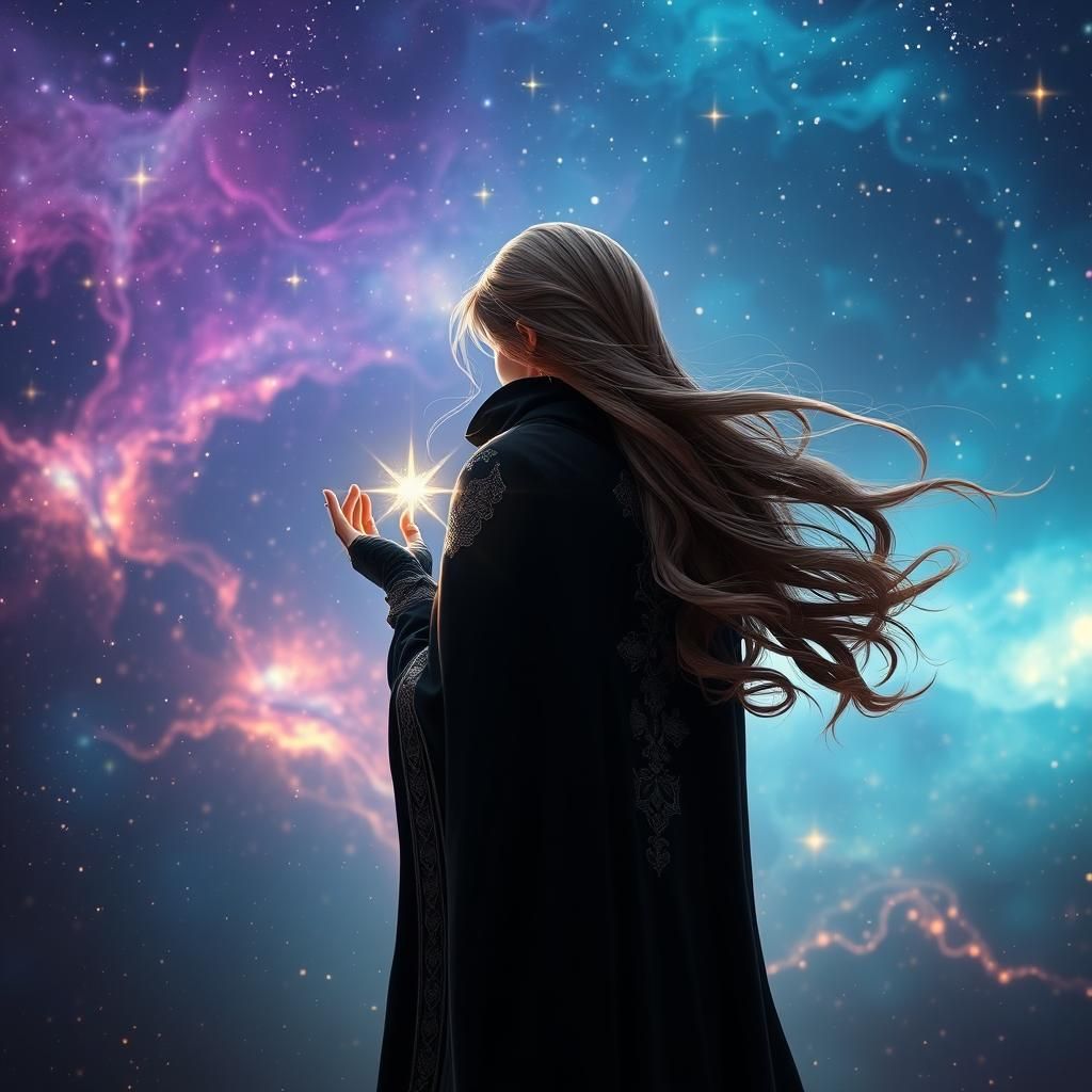Woman Holds Star in Celestial Landscape, Digital Art