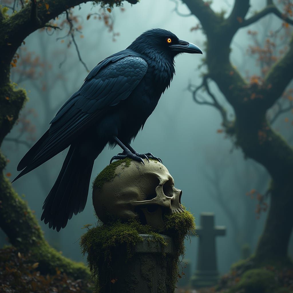 Gothic Raven in Dark, Mystical Scene