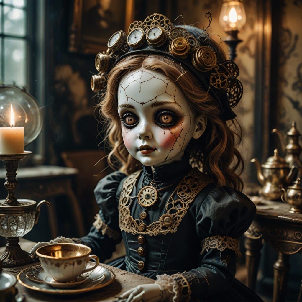Decaying Doll at Victorian Tea Party in Steampunk Style