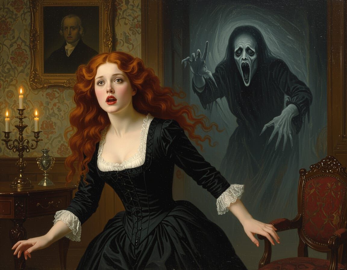 Terrified Woman Fleeing Ghostly Apparition in Oil Painting