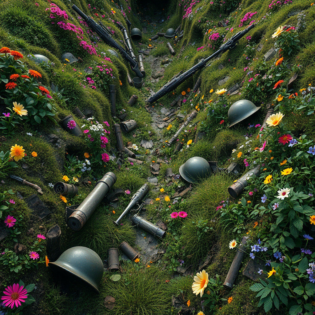 Trench Reclaimed: Flowers Bloom Amidst War Remnants