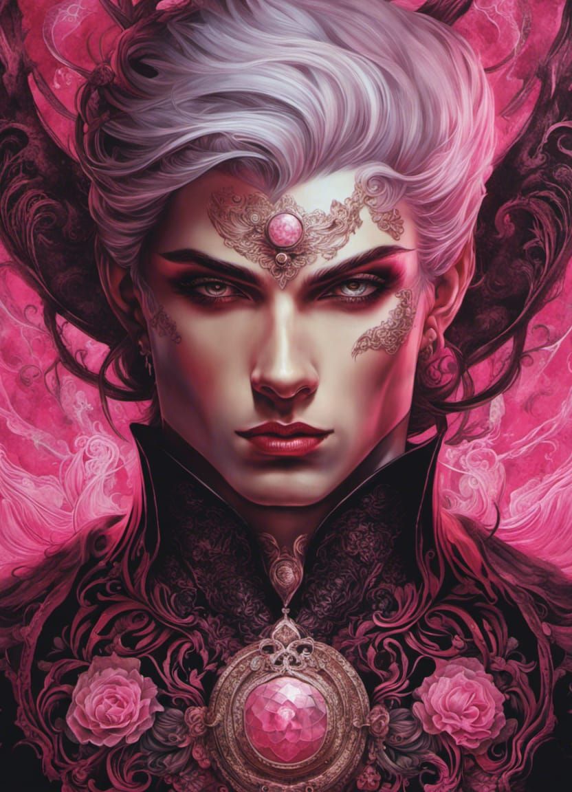 Pink God Portrait with Tattoos in Acrylic Style