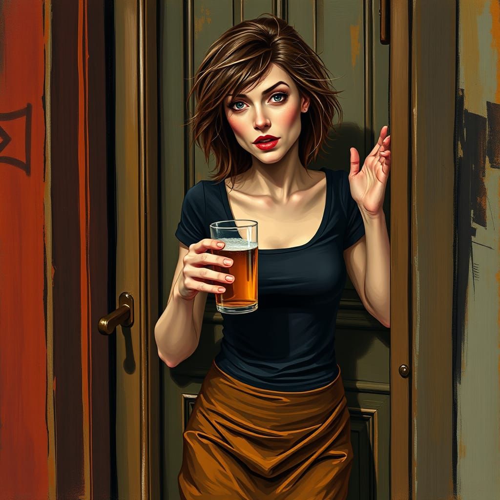 Distorted Portrait of a Drunken Woman in German Expressionis...