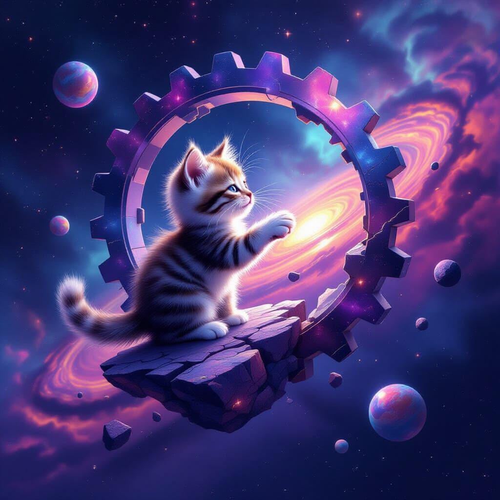 Cosmic Kitten Batting Celestial Gear on Planet Fragment