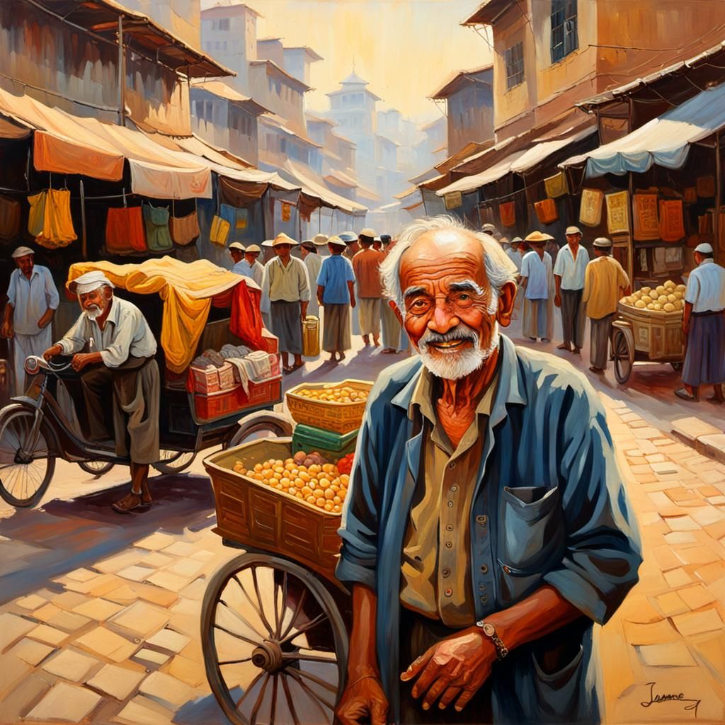 Smiling Old Man with Rickshaw: James Gurney Oil Painting
