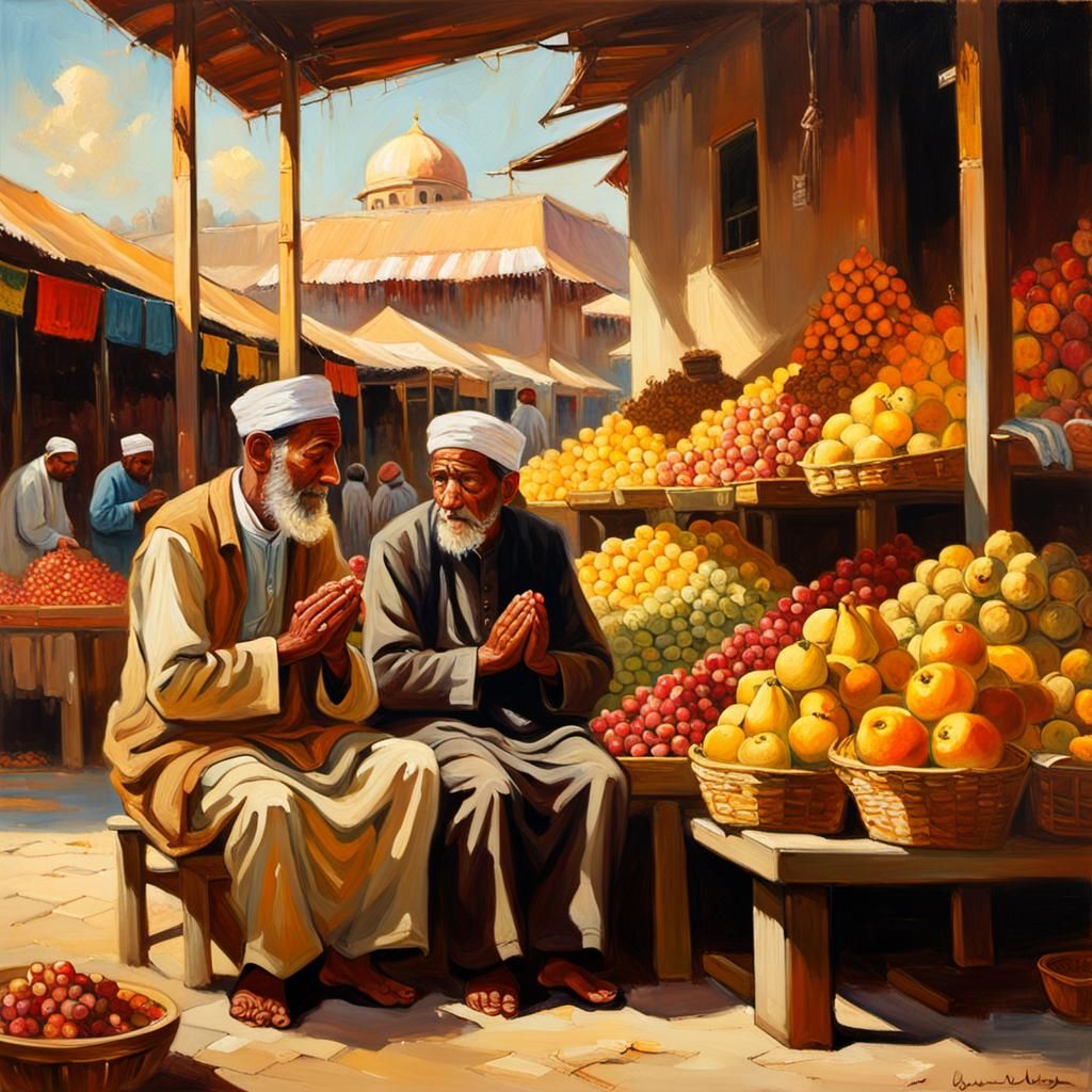 Muslim Couple Praying in Market, Oil Painting