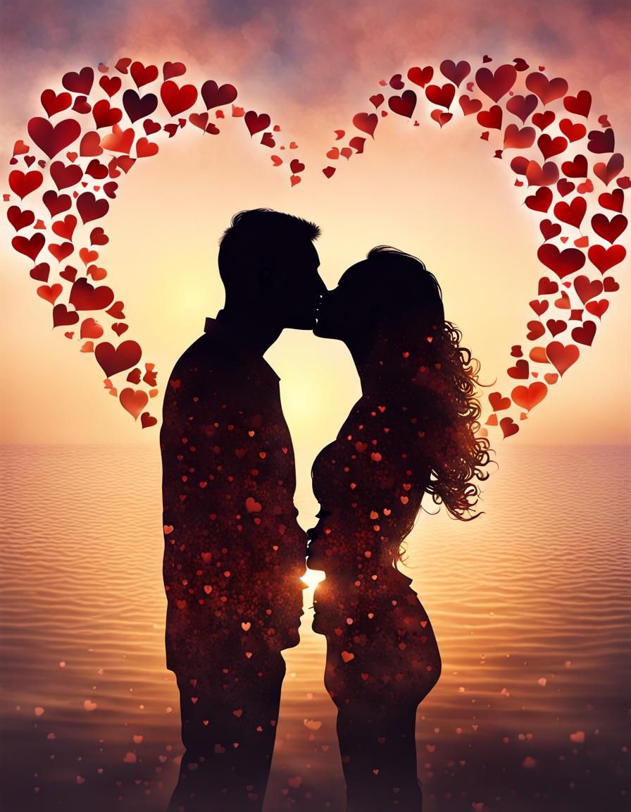 Romantic Sunrise Kiss in Double Exposure