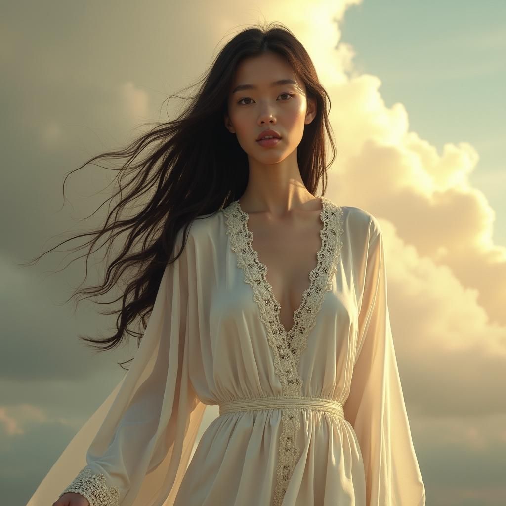 Ethereal Woman in White Robe Amidst Golden Clouds