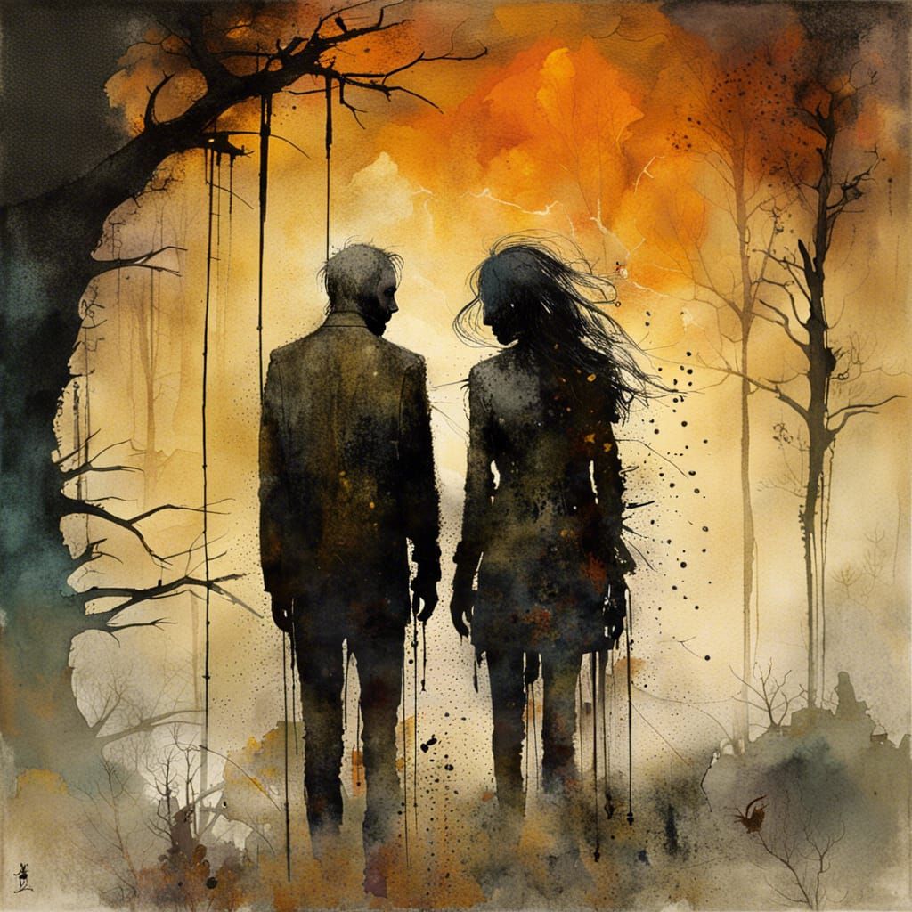 Lovers Separated in Dark Fantasy Mixed Media