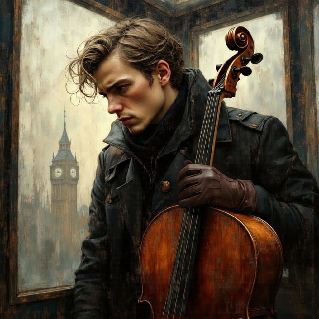Impressionist Portrait of Man in Phone Booth with Violin Cas...