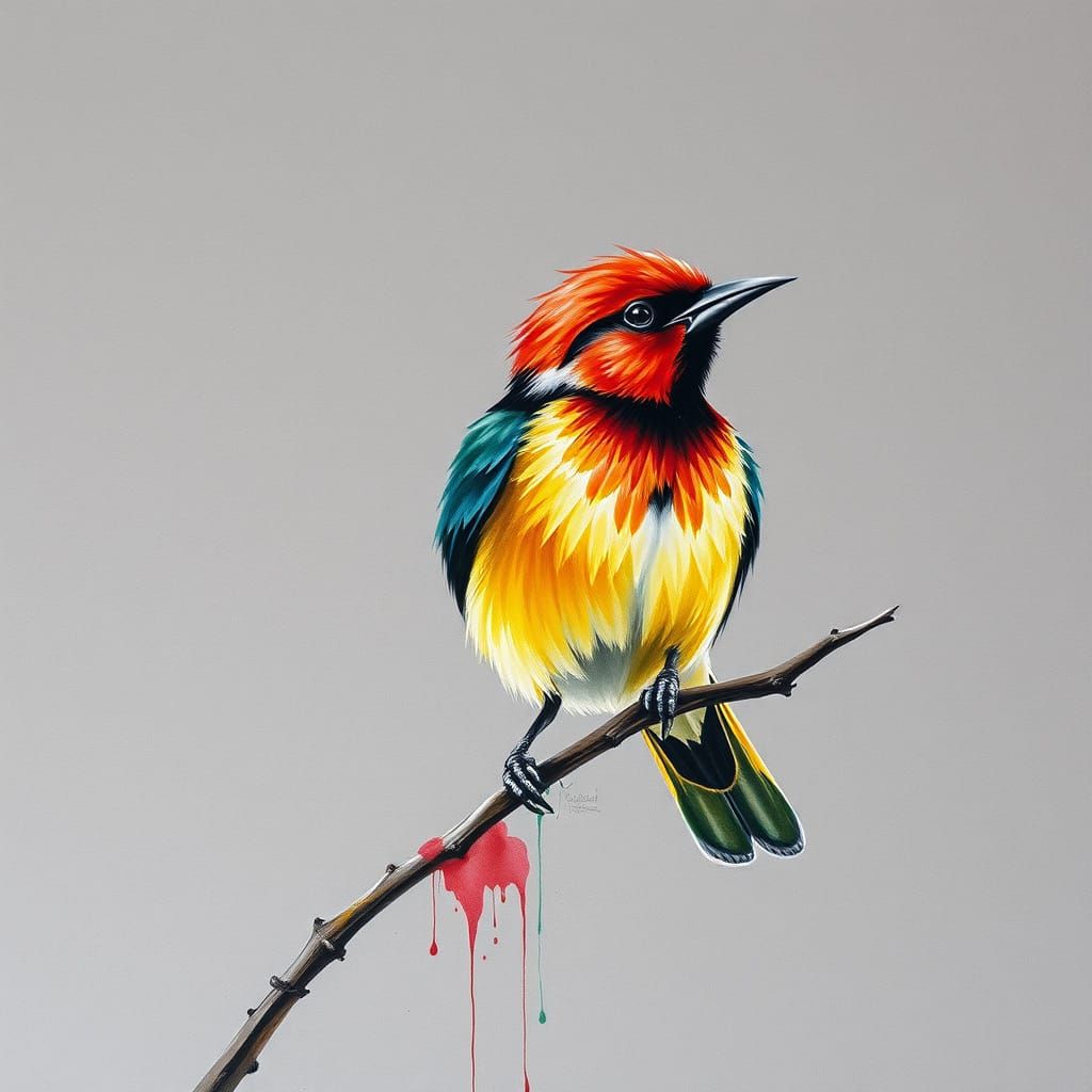 Abstract Bird Color Charcoal Drawing on Textured Paper