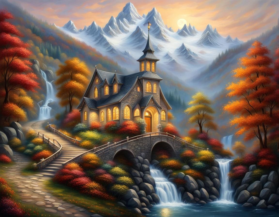 Autumn Chapel Landscape in Hyperdetailed Oil Painting