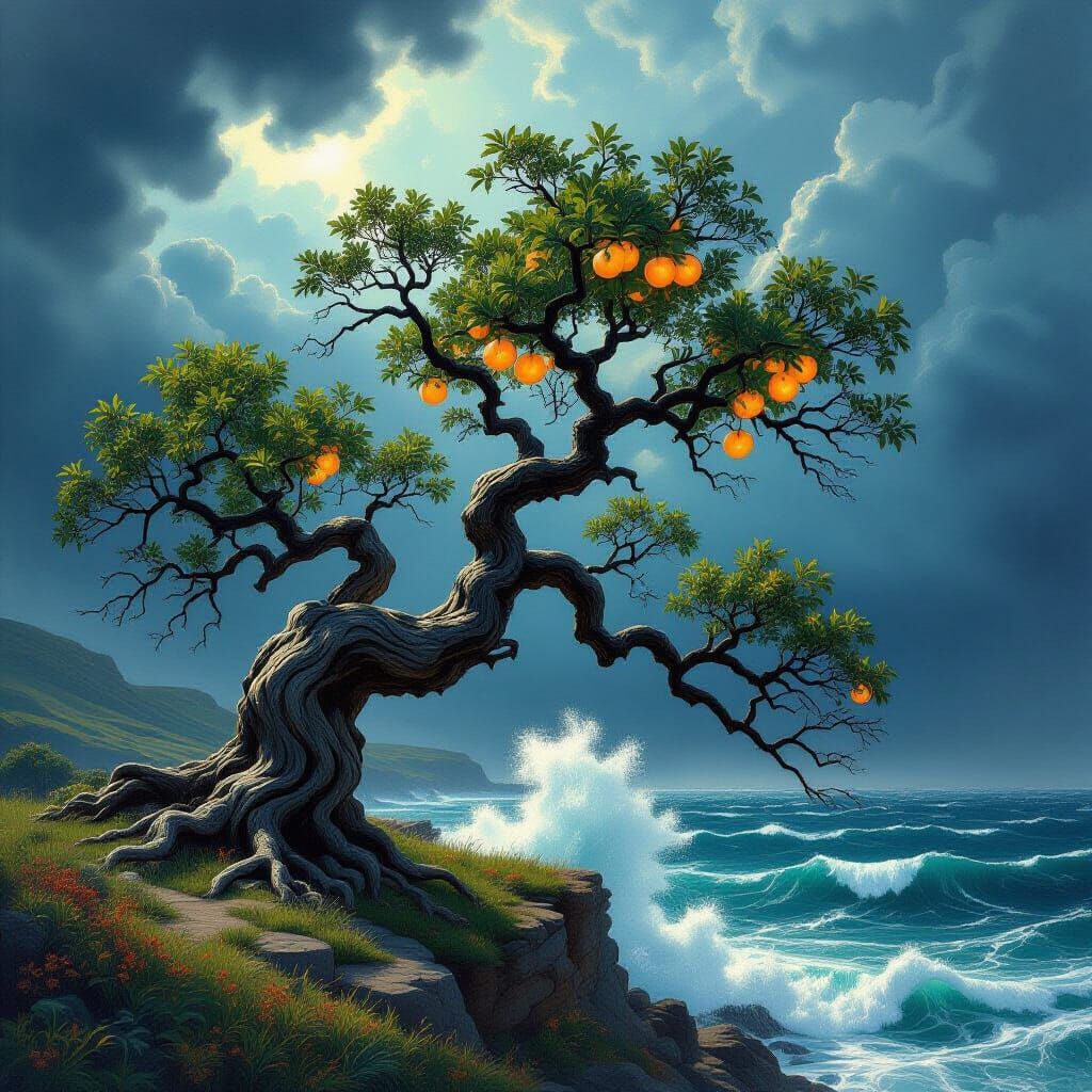 Ancient Oak on Stormy Clifftop Overlooking Turbulent Ocean