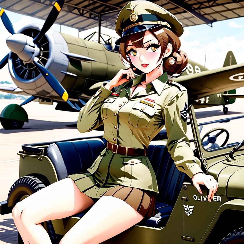 Anime Pinup Girl in Sepia Tones, Officer Uniform