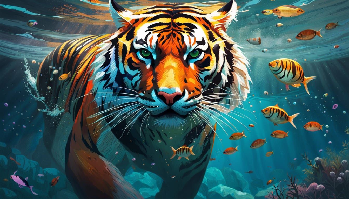 Underwater Tiger in a Stunning Detailed Background