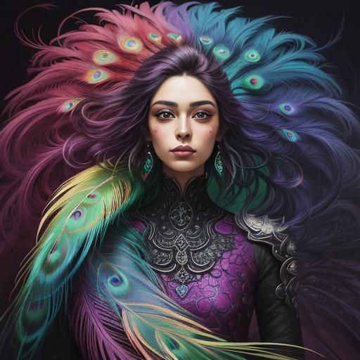 Peacock Haired Woman in Vibrant Abstract Expressionism