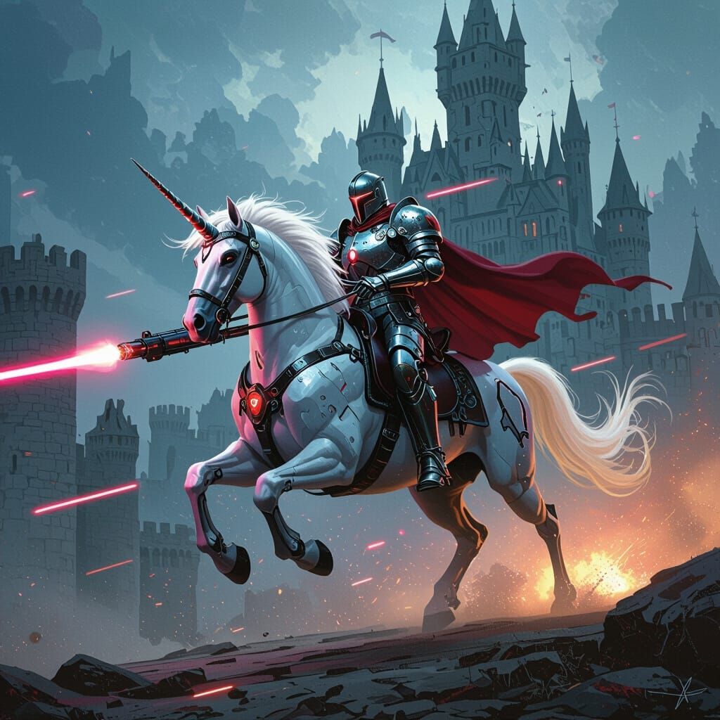 Cyborg Knight on Unicorn: Gritty Futuristic Fantasy