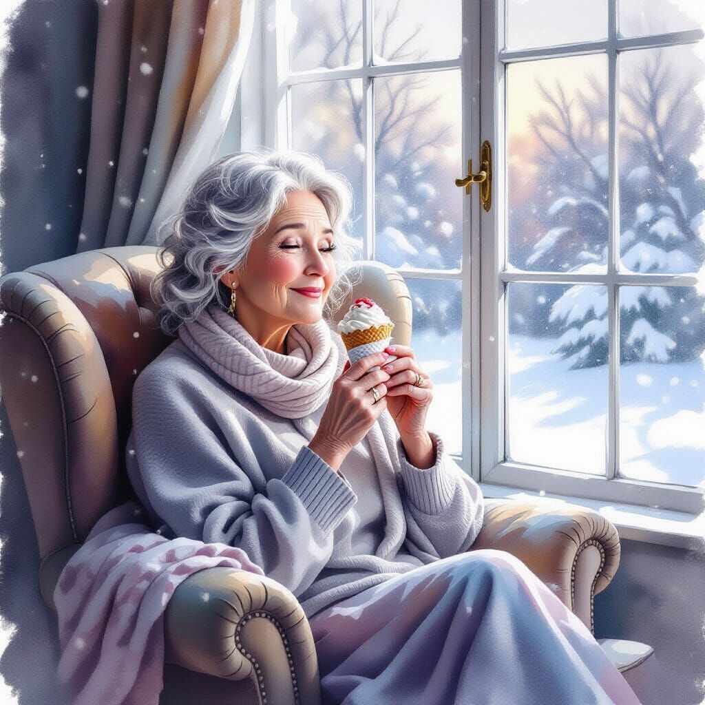 Elderly Woman Enjoys Ice Cream in Snowy Window