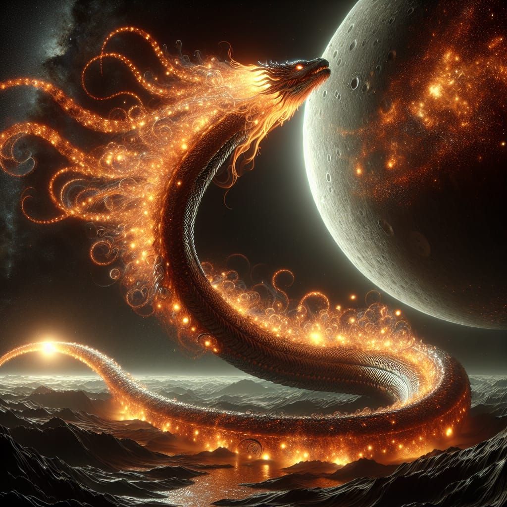 Bioluminescent Serpent Emerges from Moon in Sci-Fi Matte Pai...