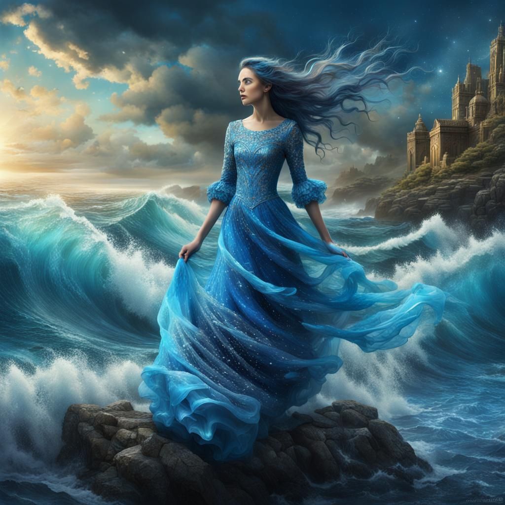 Blue Haired Water Woman in Epic Digital Painting