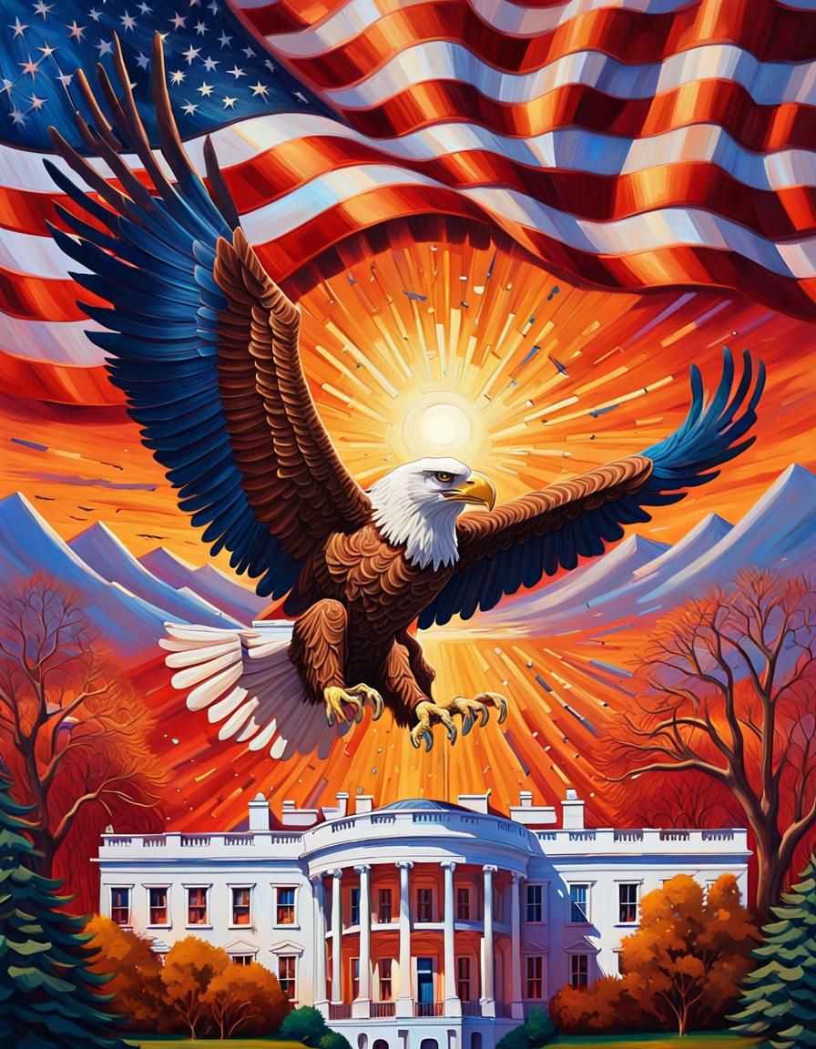Robot Eagle Soars Over White House in Oil Painting