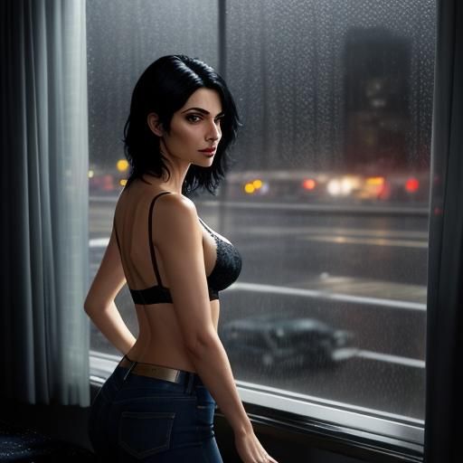 Beautiful Woman in Rainy Hotel Room at Night