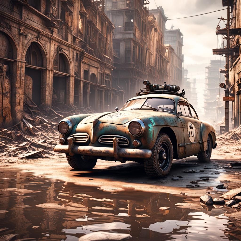 Armored 1959 Karmann Ghia in Ruined City