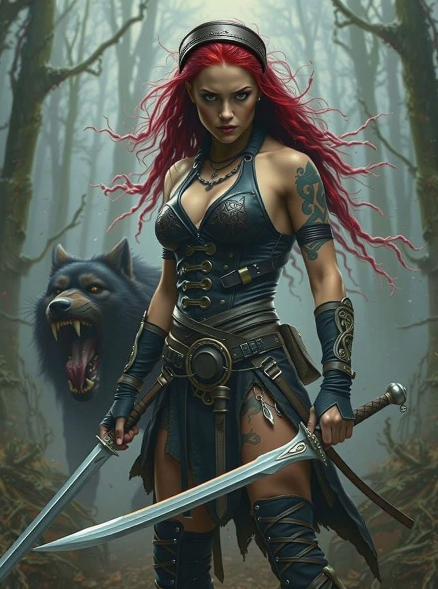 Epic Female Barbarian Warrior in Haunting Woodland, Fierce A...