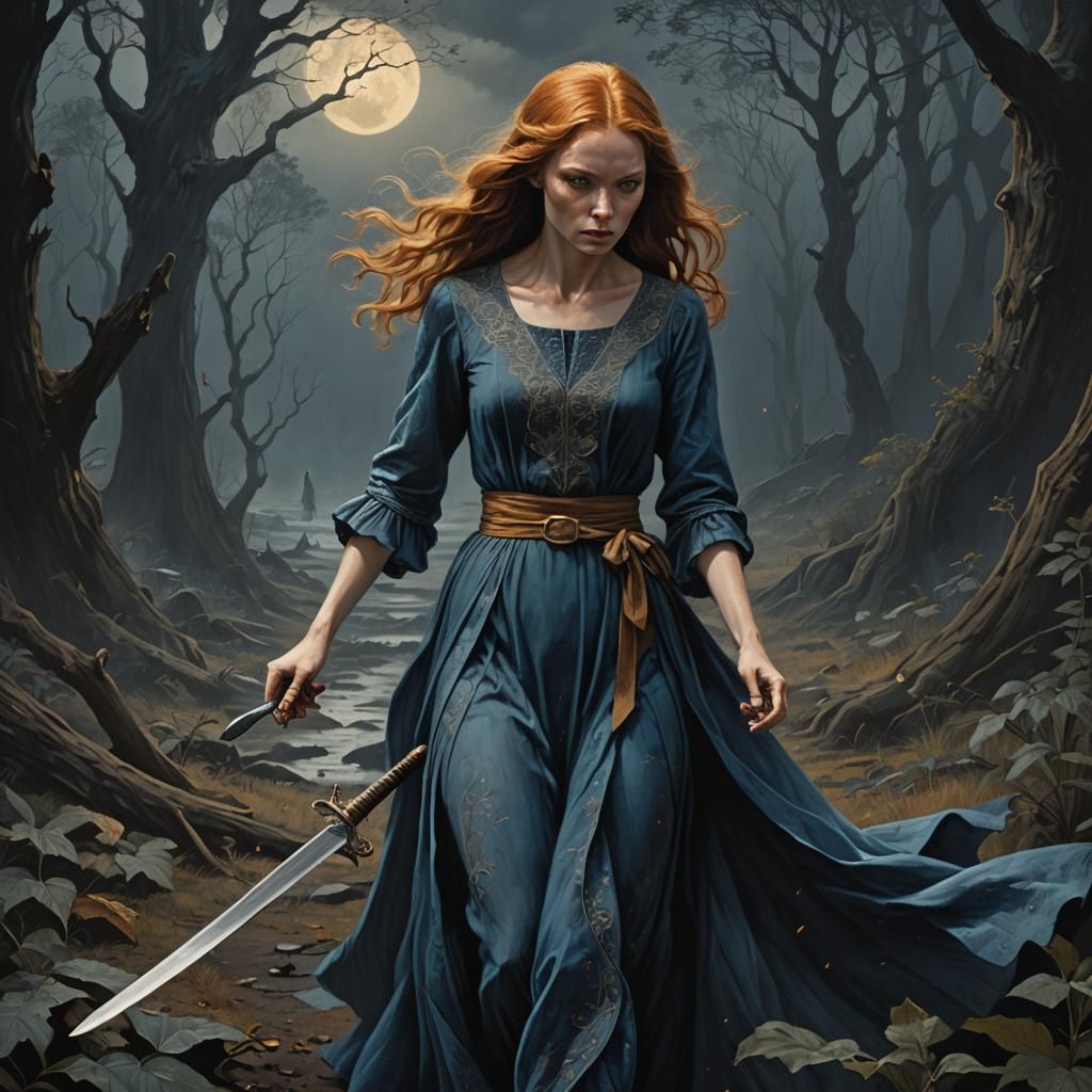 Dark Fantasy Woman with Knife in 1970s Style
