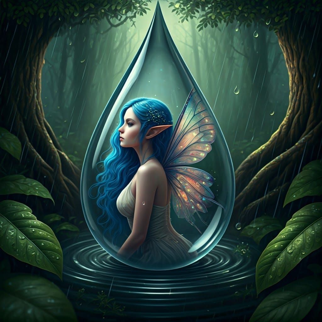 Fairy Woman in Waterdrop: Hyperrealistic Mystical Forest