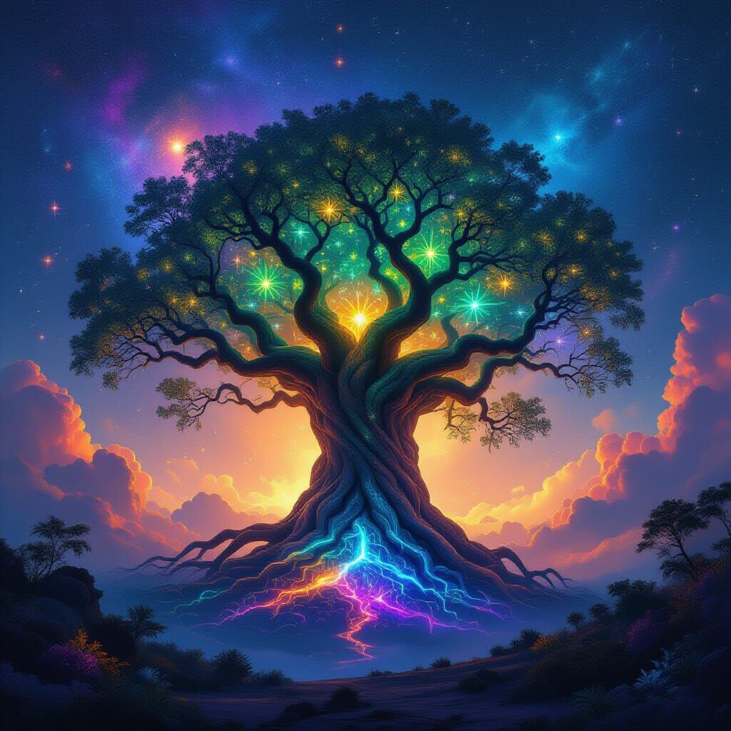 Ancient Bioluminescent Tree in Cosmic Nebula