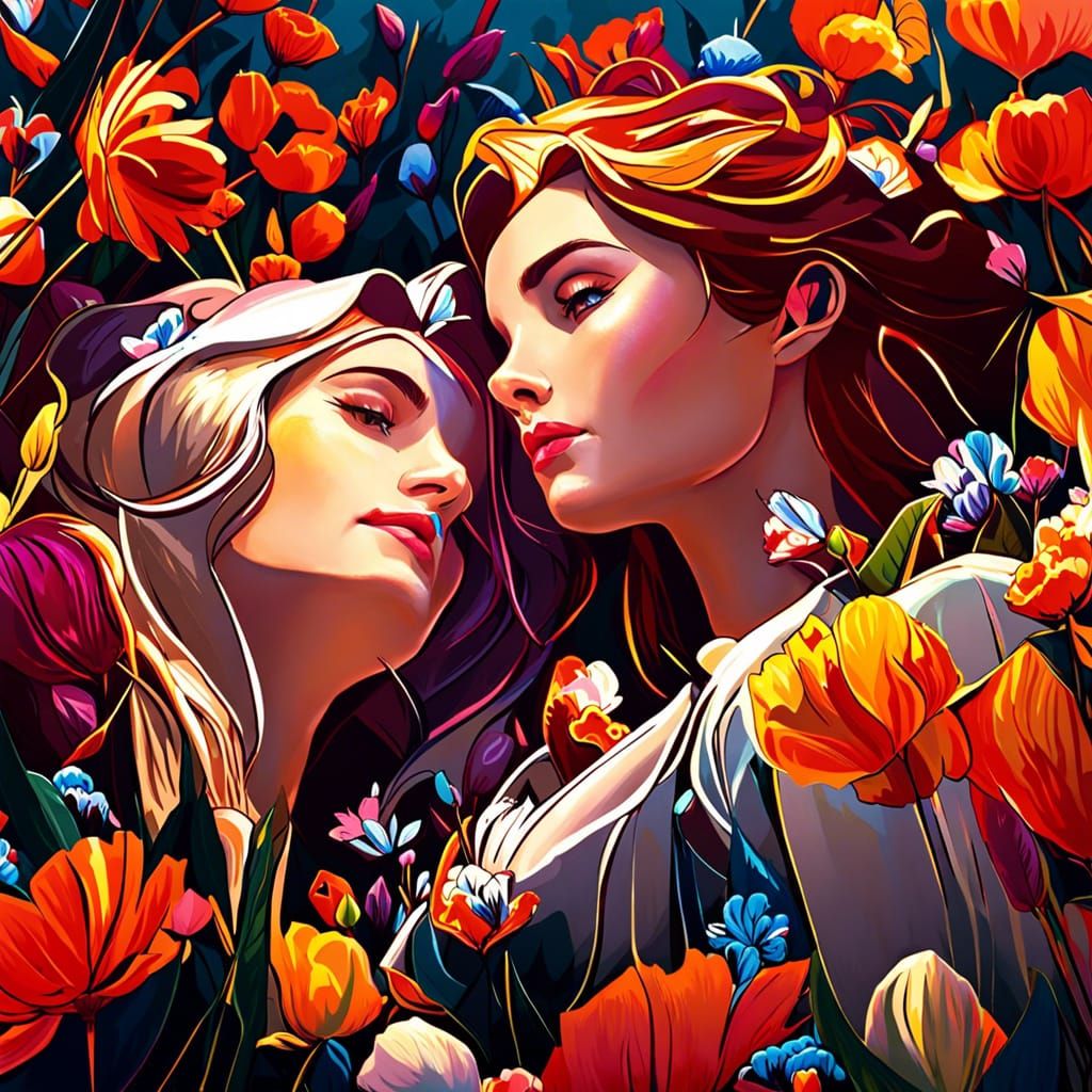 Women in Flower Field: Art Nouveau Portrait