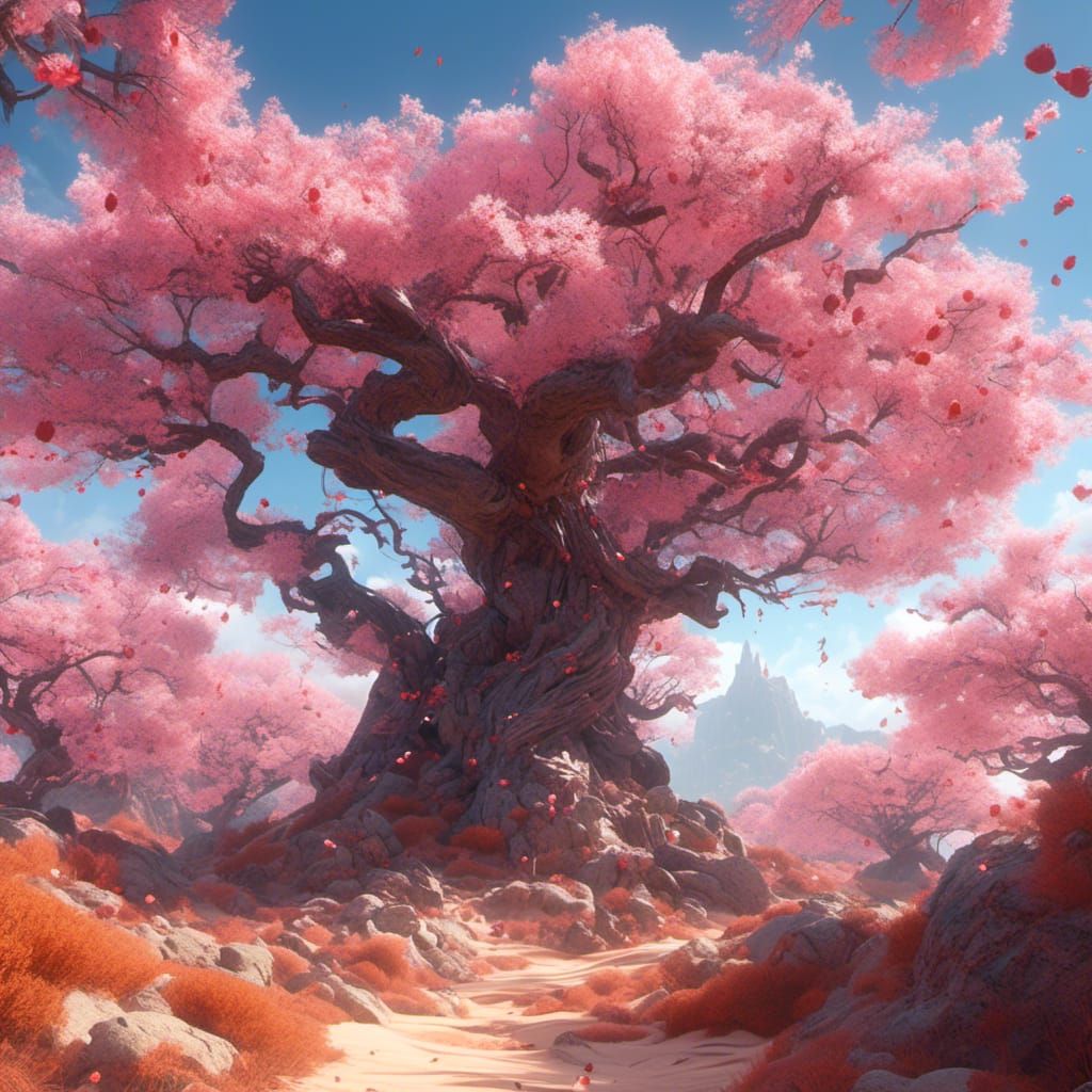 Cherry Tree Blossoms in Hellish Desert Landscape